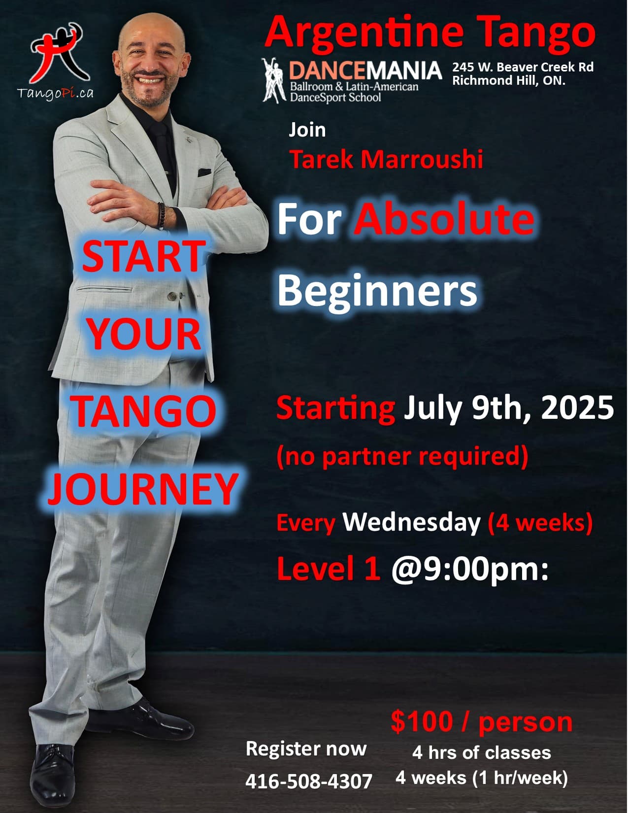 Argentine tango beginners flyer from July 2025