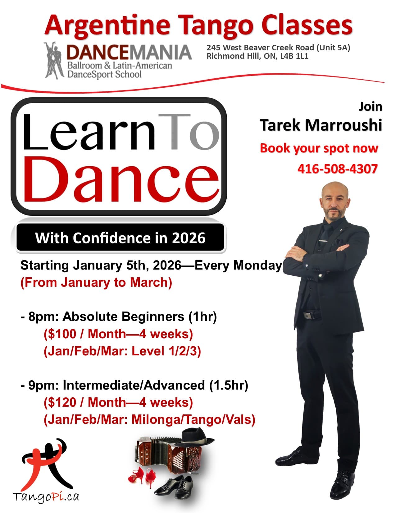 Argentine tango classes programme flyer from January 2026